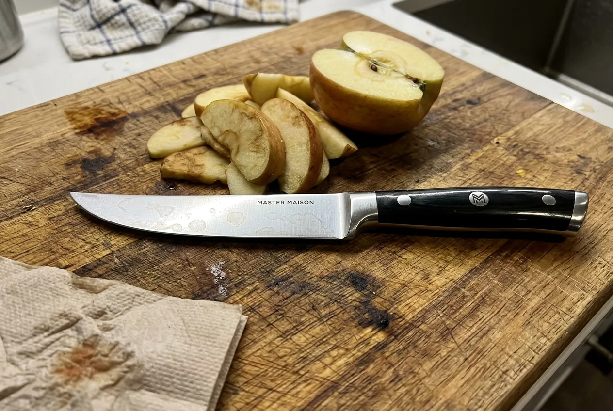 Chef searing steak in stainless steel pan